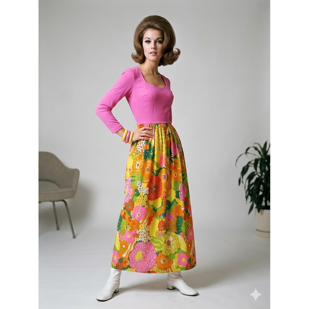 Vintage 1960s Pink Floral Maxi Dress Mod Psychedelic Long Sleeve Retro 60s